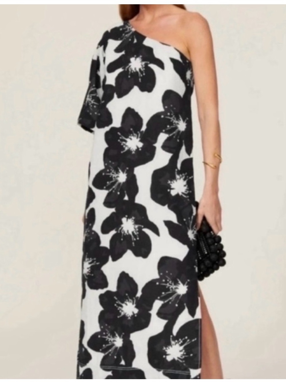 Something Navy One Shoulder White w/ Black Floral Dress and Side Slit